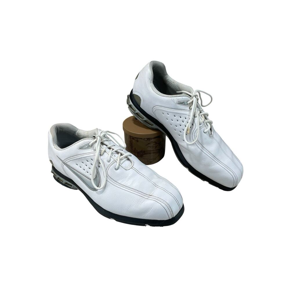 Nike Air Golf Shoes Men’s Size 10.5 White Leather Cleats Lace Up 317478-101
